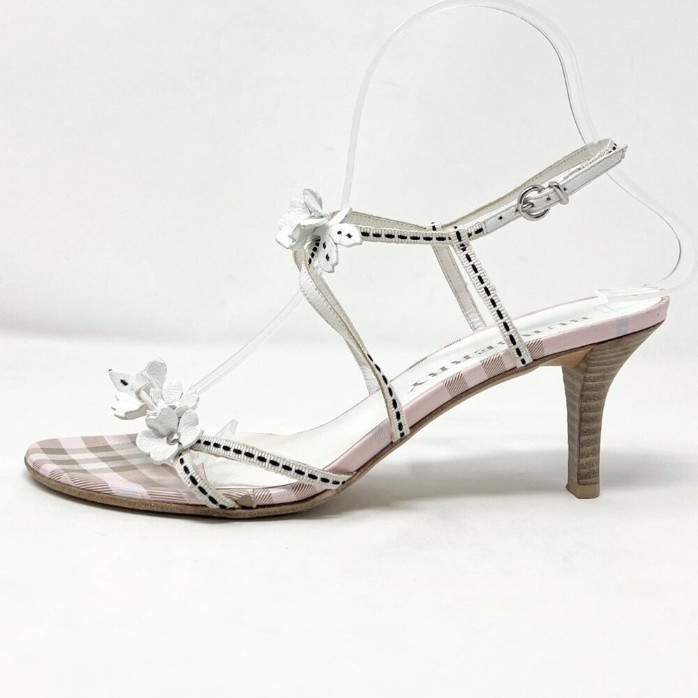 Burberry Pink Nova Check Floral Applique Strappy Sandals White Leather Heels‎ 37